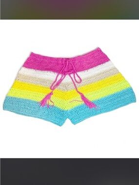 Dolls Kill Hot & Delicious Left On Read Crochet Shorts Neon Color Stripes